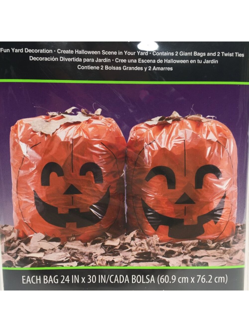Set of 2 Pumpkin Leaf Bags 24"X30" Twist Ties Halloween Scene Fun Yard Decoratio